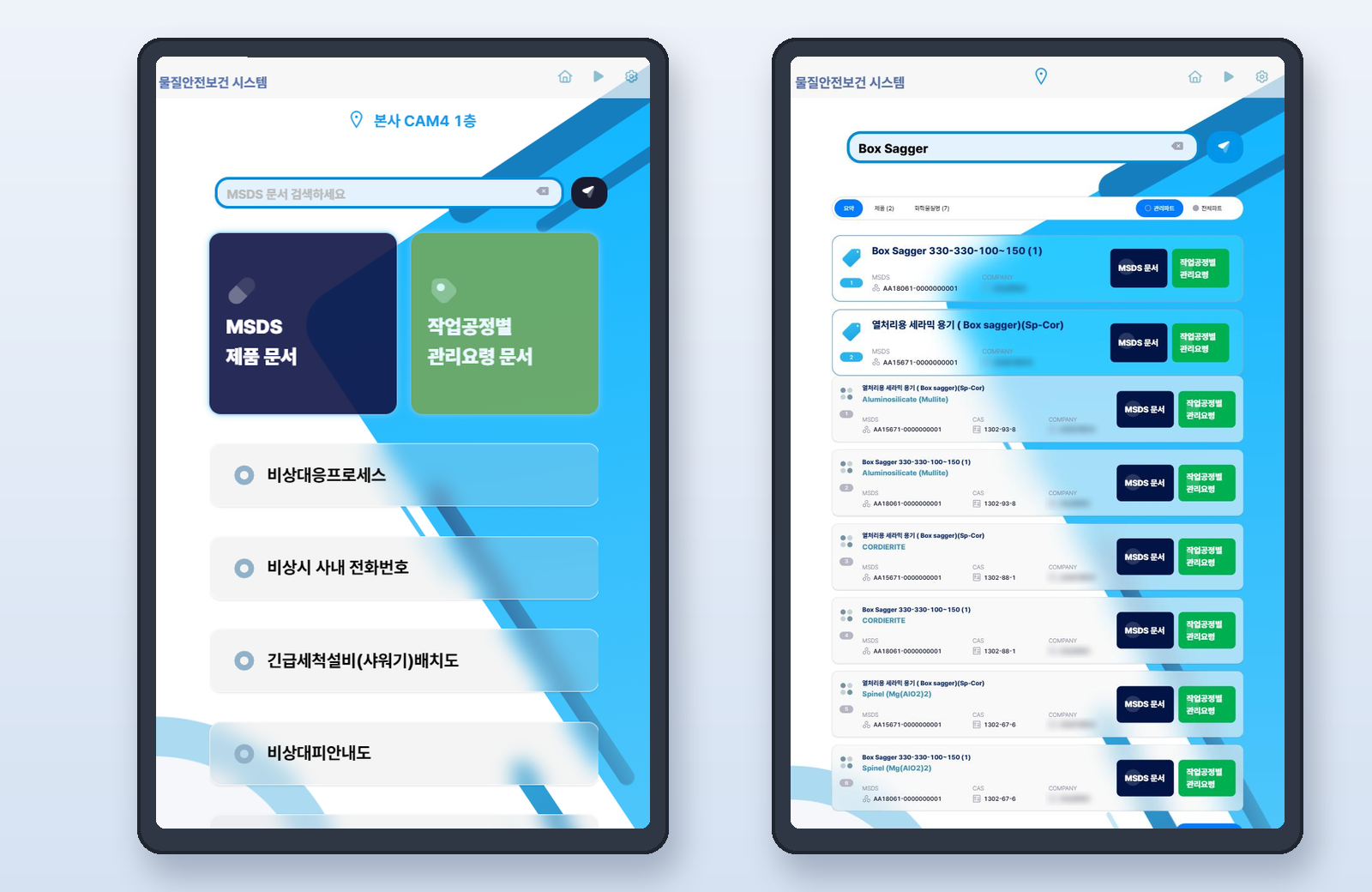 세로형 키오스크 실제 화면 두 장. 왼쪽은 위치가 표시된 첫 화면으로 MSDS 검색창, MSDS 제품 문서와 작업공정별 관리요령 문서 버튼, 비상대응 프로세스 · 비상시 사내 전화번호 · 긴급세척설비 배치도 · 비상대피안내도 메뉴가 있고, 오른쪽은 제품명으로 검색해 제품과 화학물질별로 MSDS 번호, CAS 번호와 MSDS 문서 · 관리요령 버튼이 나오는 결과 화면